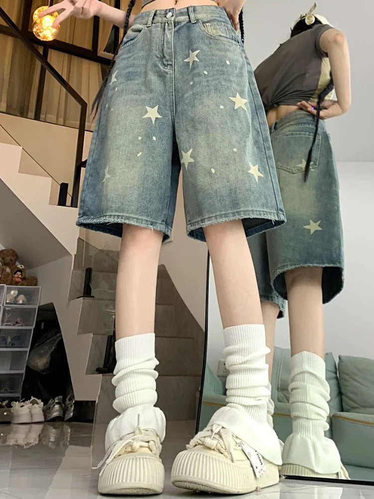 Women High Waist American Retro Washed Wide Leg Jeans Girls Street Do Old Star Loose Denim Pants Female Blue Knee Length Shorts
