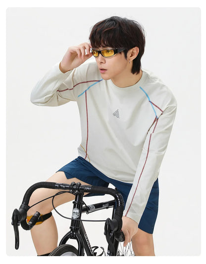 Men's Cool-Touch Contrast Stitch Long Sleeve T-Shirt – Loose Fit Moisture-Wicking Athletic Top for Autumn & Summer Sports