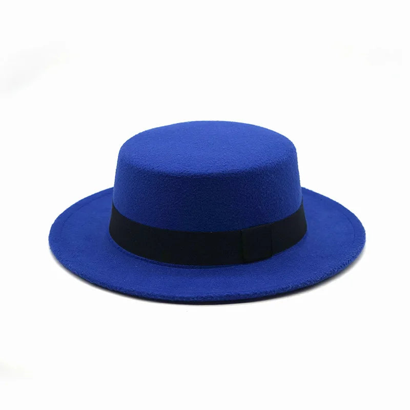 Black Ribbon Flat Top Hat British Retro Style Unisex Wool Fedora Winter Warm Hat