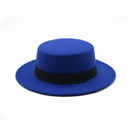Black Ribbon Flat Top Hat British Retro Style Unisex Wool Fedora Winter Warm Hat