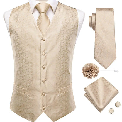 High Quality Silk Mens Vests Champagne Paisley Waistcoat Neck Tie Hanky Cufflinks Brooch Set for Men Suit Wedding Office