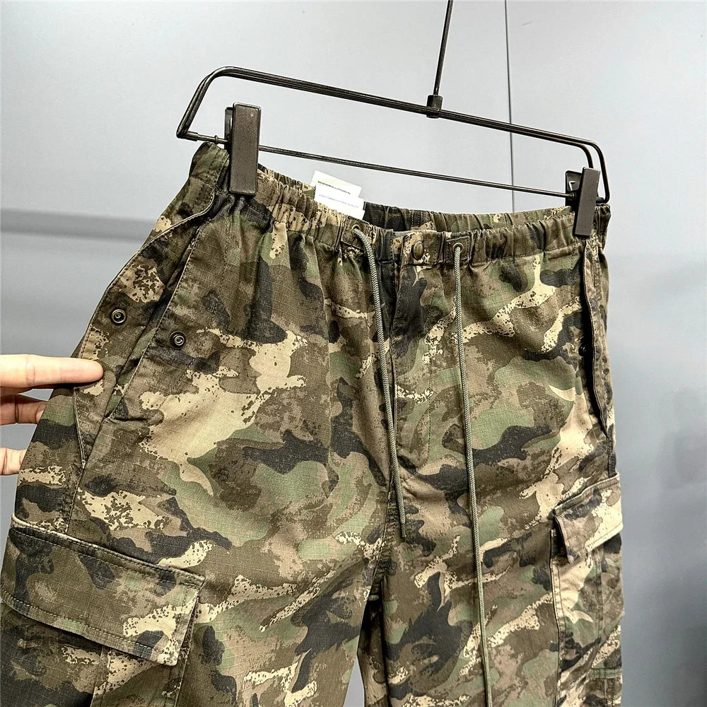Heavy weight Tactical Cargo Pants For Men Vintage Camo Multi-Pocket Loose Fit Straight Leg Outdoor Streetwear Casual Trousers