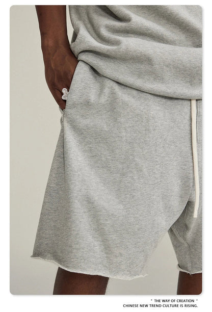 New Summer Men Retro Washed Shorts Unisex Drawstring Loose Edge 420gsm Solid Knee Length Cotton Pants Streetwears HY0589