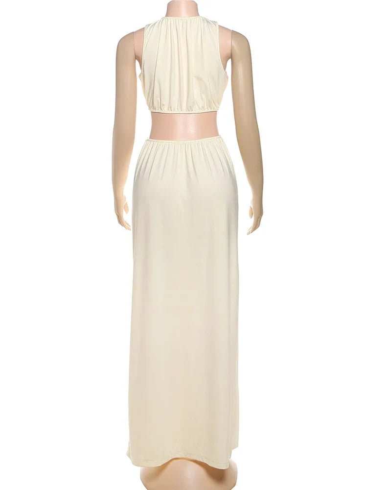 Metal Patchwork Waistless Long Dresses Women o-Neck Sleeveless Summer Vacation Y2K Style Ruched Elegant Vestidos