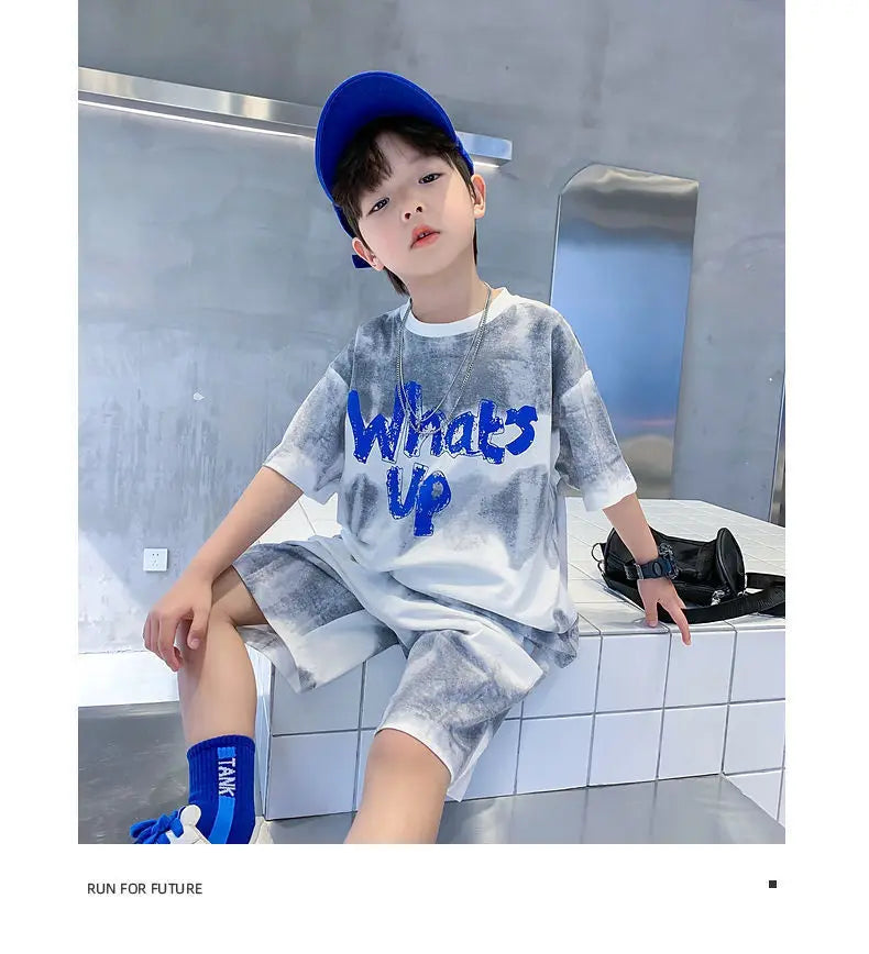 Loose Outfits Children Streetwear what's up 2024 New Boy Summer Quick dry Suit Short Sleeve TShirt + Shorts Two piece Sports Set