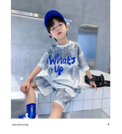 2024 New Boy Summer Quick dry Suit Children Streetwear what's up Short Sleeve TShirt + Shorts Two piece Sports Set Loose Outfits