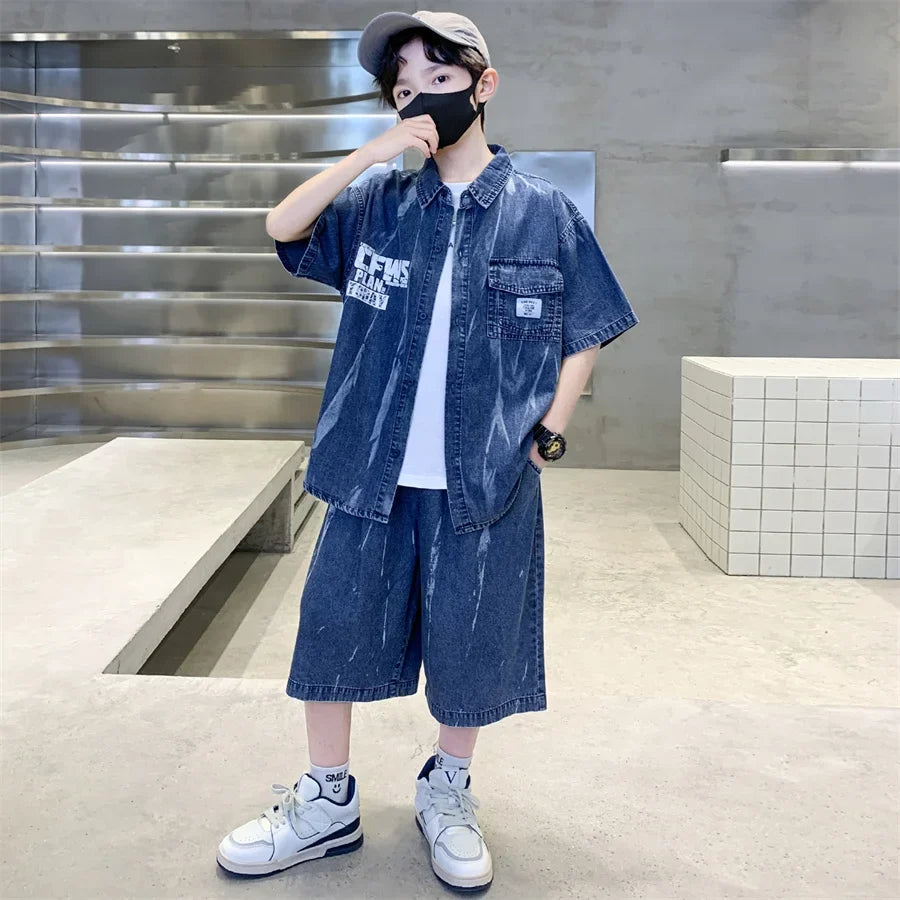 Cool Summer Set for Boys Denim Top and Bottom Set Kids Child Short Sleeve Shirt And Shorts 2 Pieces Outfits Suit Age 5-14 Years