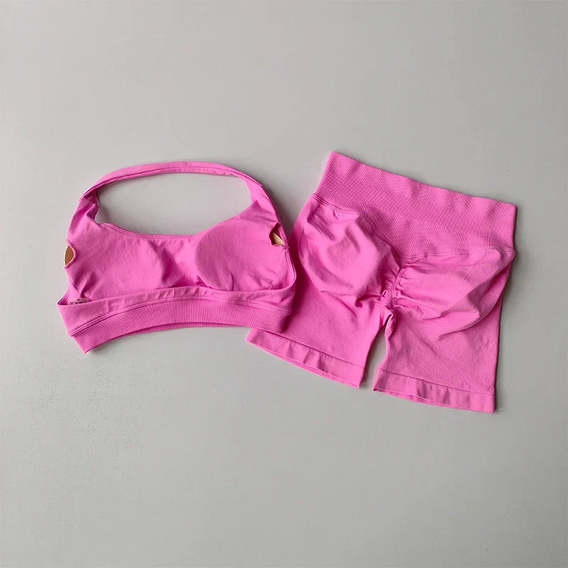 2pcs Sexy Halter Neck Beautiful Back High Waist Peach Sports Bras Set Suit Pilates Gathering Training Yoga Vest Fitness Bra
