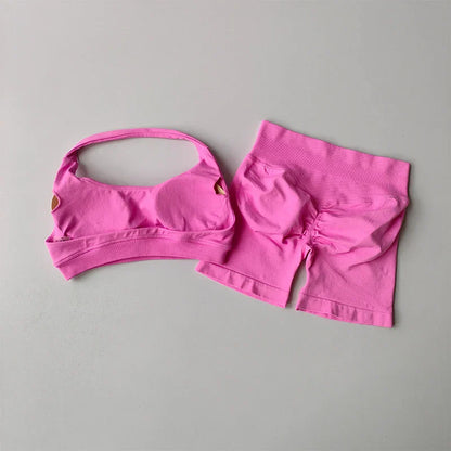 2pcs Sexy Halter Neck Beautiful Back High Waist Peach Sports Bras Set Suit Pilates Gathering Training Yoga Vest Fitness Bra