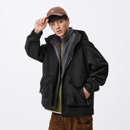 Three-proof Jacket Men Autumn Outdoor Color Block Hooded Windbreaker Large Pocket Workwear Trendy Coat