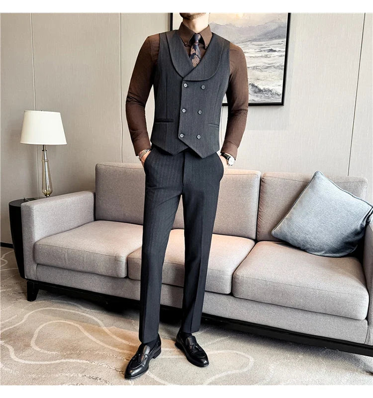 ( Vest+Pants) Autumn Winter Thicken Wool Striped Suit Vest 2 pieces Men Fashion Slim Fit Business Casual Wedding Dress Vest Sets