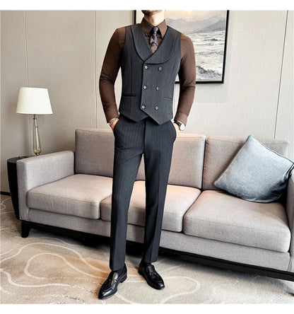 ( Vest+Pants) Autumn Winter Thicken Wool Striped Suit Vest 2 pieces Men Fashion Slim Fit Business Casual Wedding Dress Vest Sets
