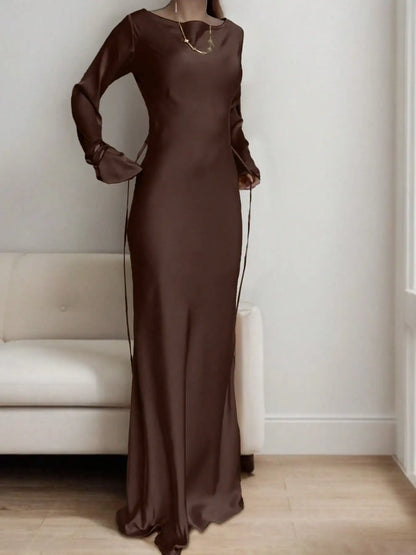 Women's Bespoke Satin Maxi Dress with Corset Waist Tie Classic Round Neck & Dramatic Flared Sleeves Luxury Evening Dress