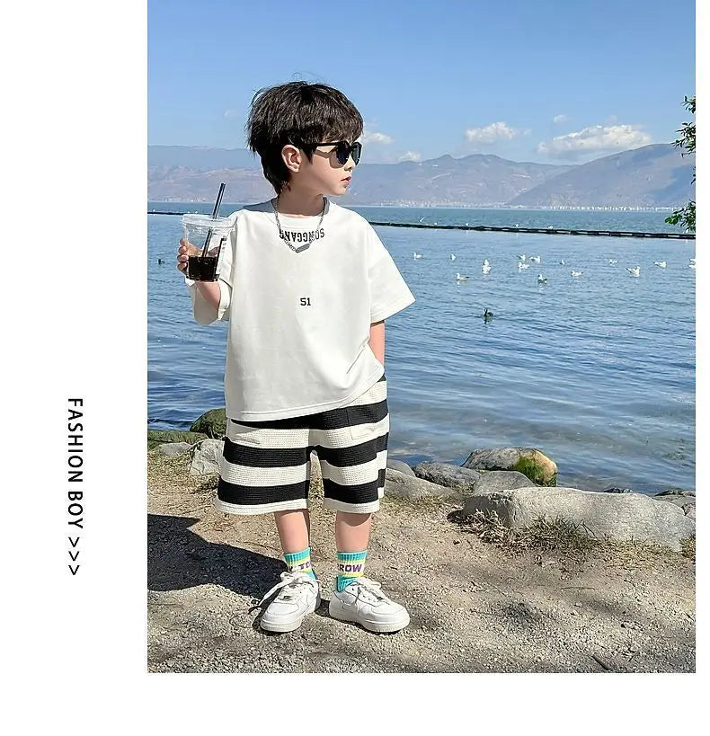 Summer Boys Cotton Leisure White T-Shirt Tops+Contrast Stripes Shorts Pant Set School Kids 2PCS Tracksuit Children Outfit 3-14Yr