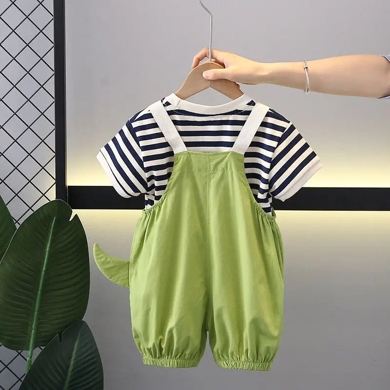 Summer Kids Boys Clothing Toddler Casual Dinosaur Clothes Strips T Shirt Cartoon Bib  Short Pants 2Pcs/Set Children Suit Sets