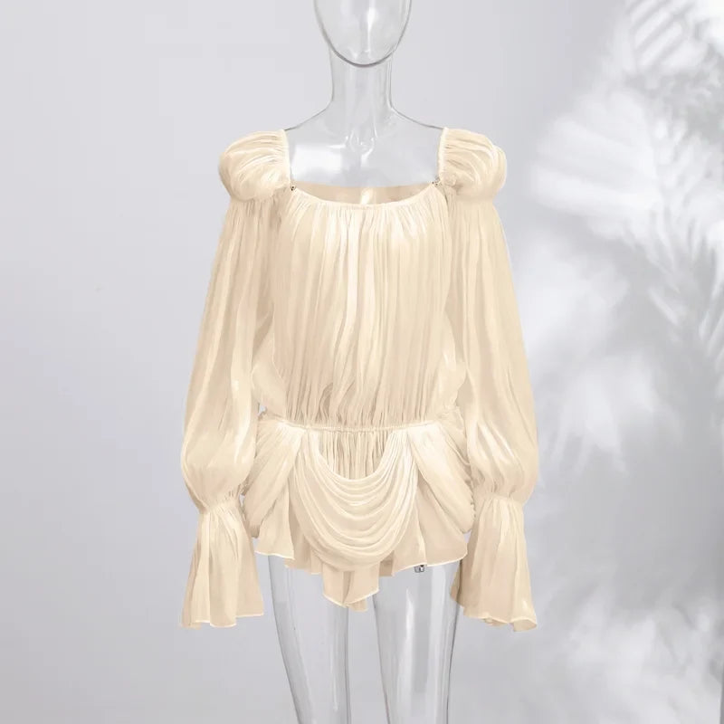 Satin Off Shoulder Pleated Mini Dress for Women Fashion Puff Sleeve  Cinched Waist Prom Party Skirt 2026 NEW Summer Lady Dresses