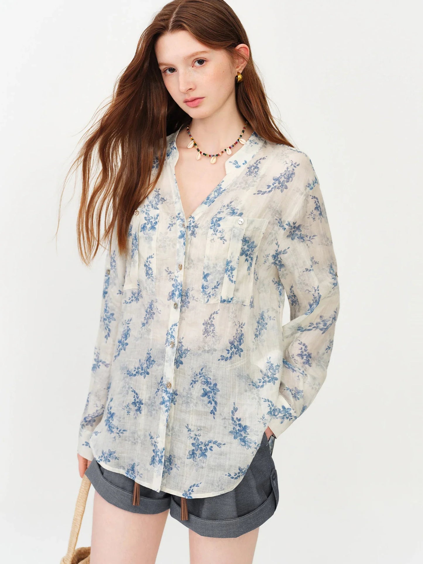 2026 Summer Women's Long Sleeve Floral Print V-Neck Shirt - Relaxed Fit Casual Blouse for Daily and Summer Layering