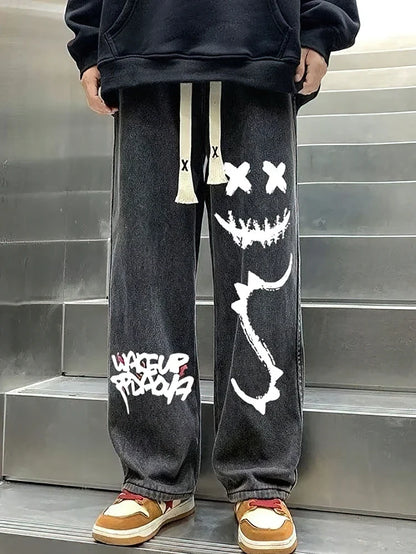 Printed Black Baggy Jeans Pants Men Straight Oversize Graphic Casual Wide Leg Denim Long Trousers Korean Drawstring Sweatpants