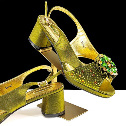 Open Toe Women Heels for 2024 Elegant Party Olive Color Diamond Pumps Italian Shoes and Bags Matching Set