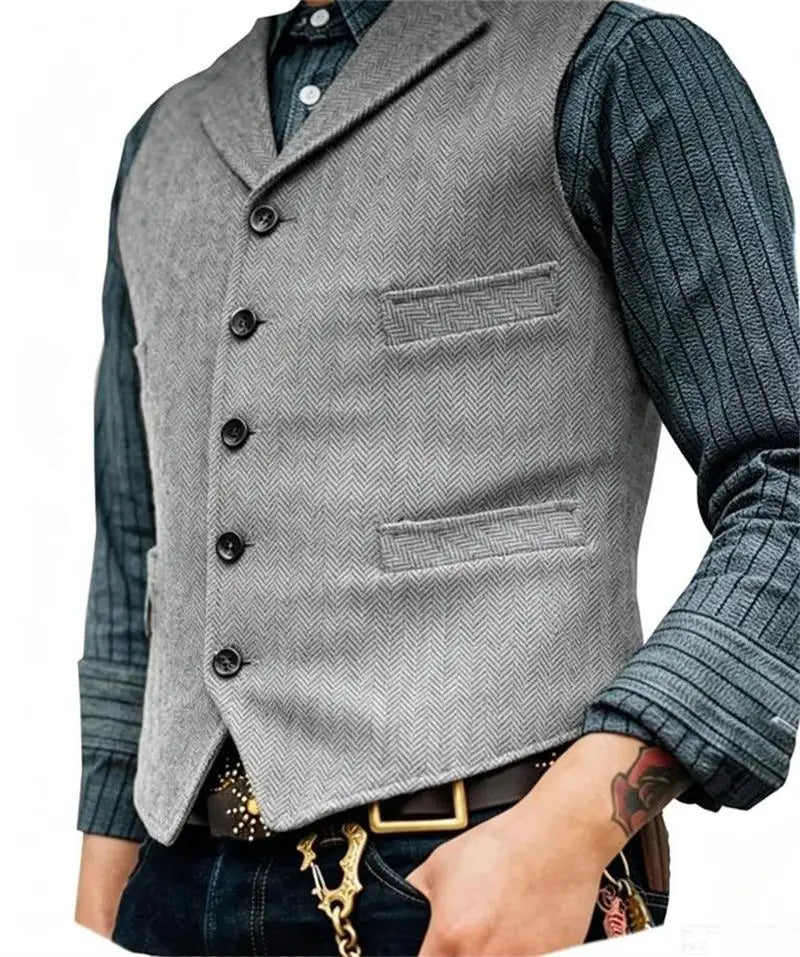 Men's Wool Tweed Suit Vest Lapel V Neck Sleeveless Herringbone Retro Casual Slim Fit Wedding Business Waistcoat for Tuxedos