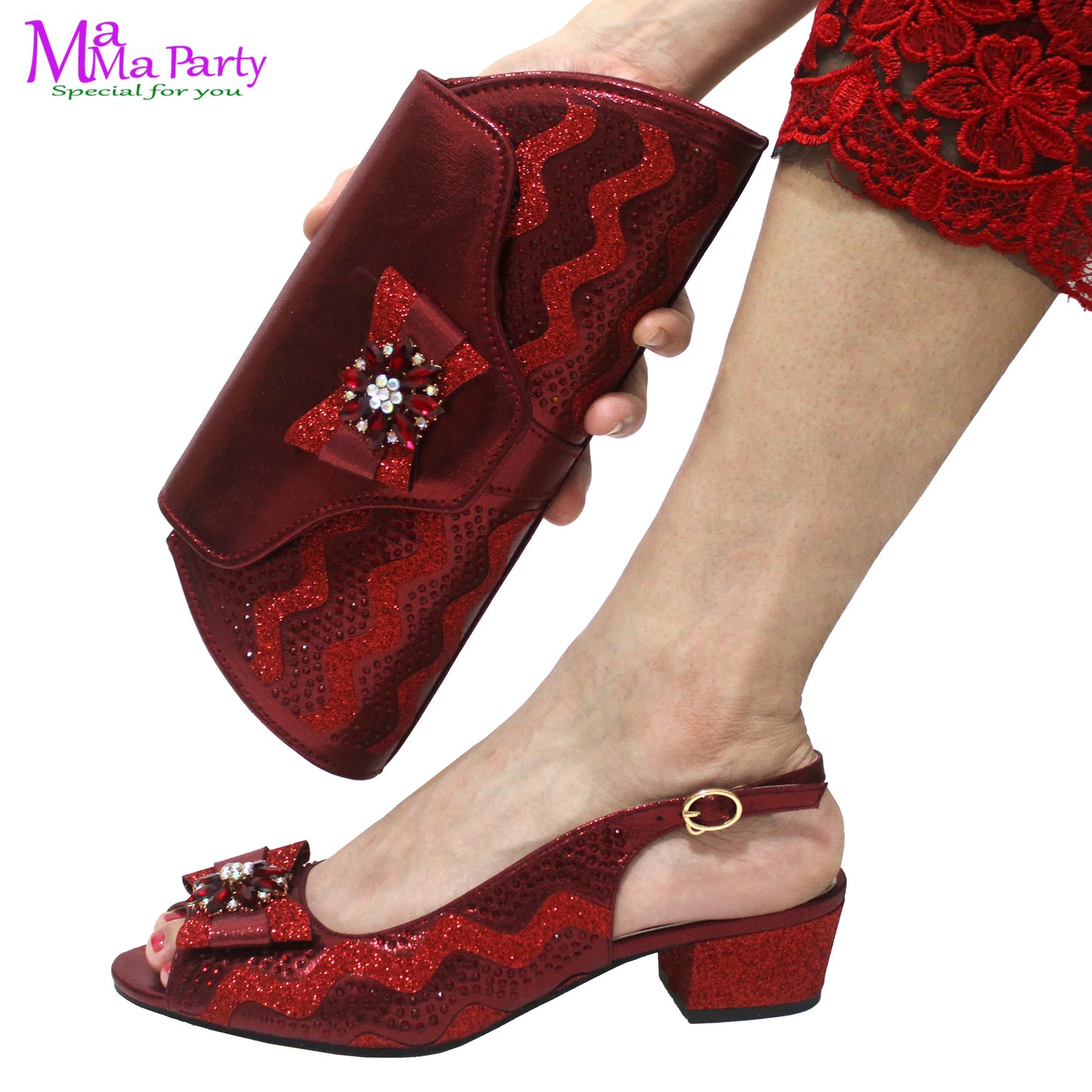 Wine Color New Arrivals High Quality Specials Design Italian Women Shoes and Bag  with Crystal for Wedding Party