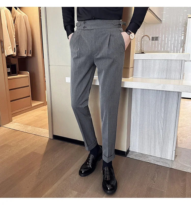 Autumn Winter High Waist Business Dress Pants Men Casual Belt Design Slim Suit Pants Formal Wedding Social Party Male Trousers