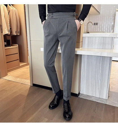 Autumn Winter High Waist Business Dress Pants Men Casual Belt Design Slim Suit Pants Formal Wedding Social Party Male Trousers
