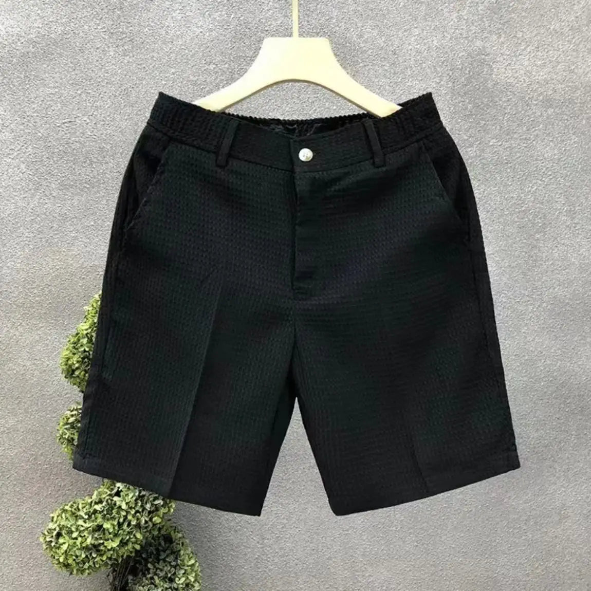 Men's Shorts Plaid Texture Solid Straight-leg Business Social Elastic Waist Button Short Pants Loose Knee Length Casual Short