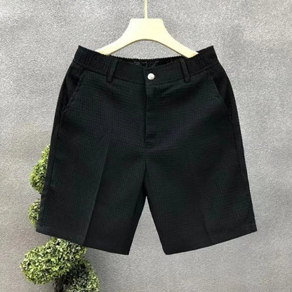 Men's Shorts Plaid Texture Solid Straight-leg Business Social Elastic Waist Button Short Pants Loose Knee Length Casual Short