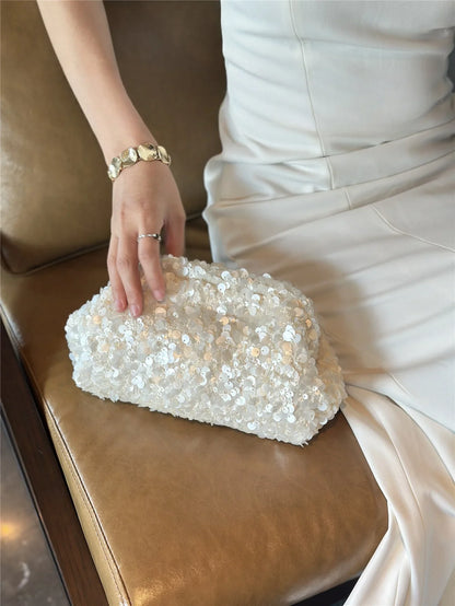 White Sequined Clutch Bag Versatile Beaded Chain Shoulder Bag Fashion High-end Bridal Party Handbag Trendy Clip Bag Evening Bag