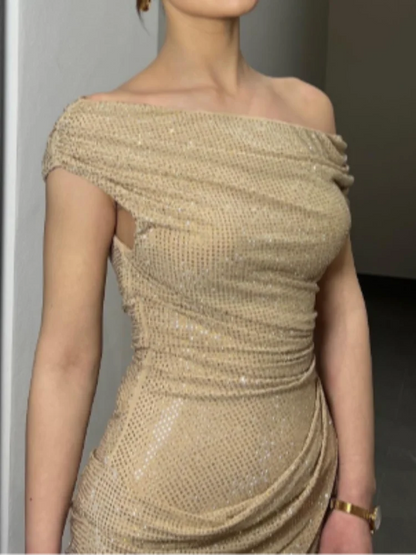 Women's Luxury Nude Sequin Mermaid Prom Dress Off-shoulder Ruched Sparkly Crystals Formal Party Gown Floor-length Evening Dress