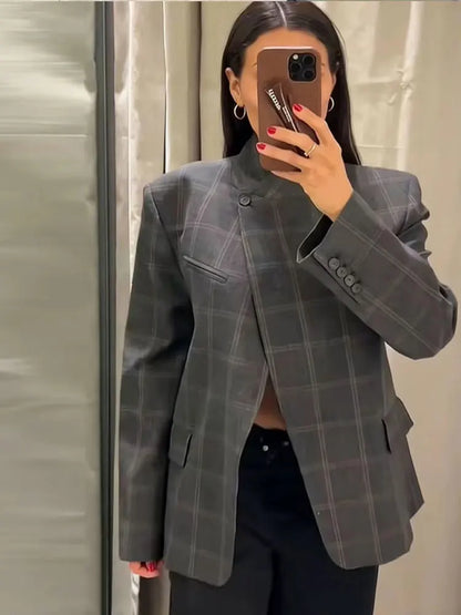 Women Casual Asymmetrical Dark Grey Blazer One Button Long Sleeve Jacket Coats 2026 Trend Vintage Solid Office Blazers