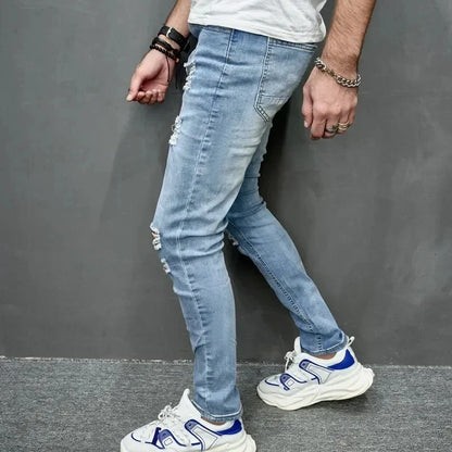 2024 New Style Men's Personalized Ripped Solid Color Skinny Jeans Stretch Little Foot Streetwear Motorcycle Denim Trousers Male