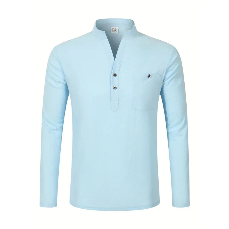 Men Mandarin Collar Long Sleeve Henley Cotton Linen Shirt Chest Pocket Breathable Beach Travel Daily Casual V Neck Top