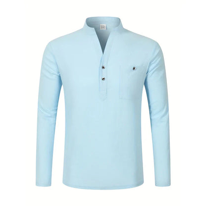 Men Mandarin Collar Long Sleeve Henley Cotton Linen Shirt Chest Pocket Breathable Beach Travel Daily Casual V Neck Top