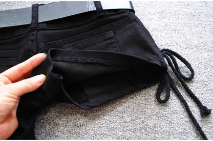 Korean Low Rise Denim Shorts 2024 - Riveted Lace Up Bodycon Black Hot Pants Vintage Cheeky Booty Summer TikTok Y2K Outfit