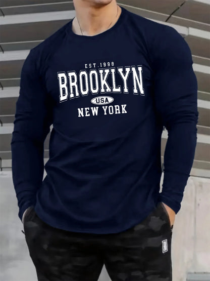 Men's 100% pure cotton loose and comfortable casual sports Brooklyn letter printed round neck long sleeved T-shirt top