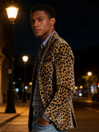 Men's Leopard Print Velvet Blazer Classic Fit Stylish Long Sleeve Notched Lapel Suit Jacket for Nightclub Wedding Streetwear