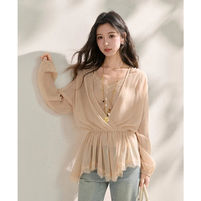Women's French Style Beige Sheer Chiffon Blouse V Neck Lace Trim Elastic Waist Peplum Top For Spring Summer MXF16T1588
