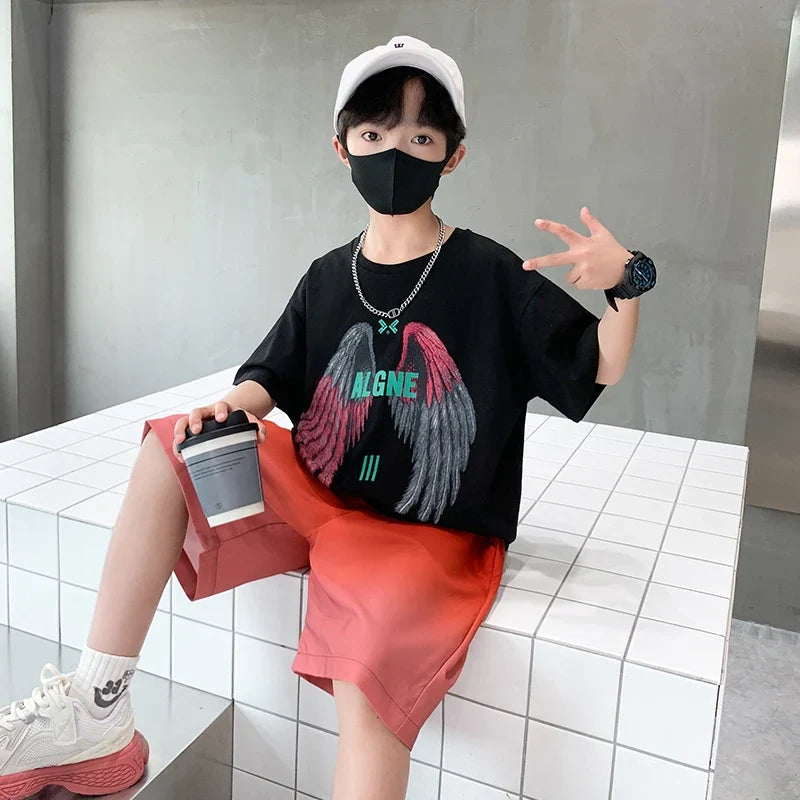 New Kids Boy Summer Clothing Set Cotton T-shirt With Wings Print + Shorts 2 Pieces Tracksuit Outfit for Child Suit Wear 5-14 T