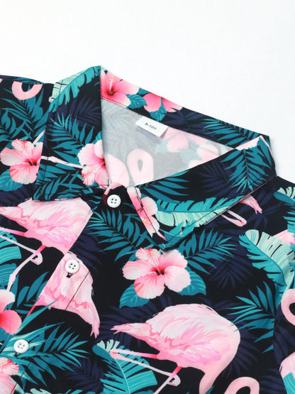 Tween Boys Hawaiian Vacation Style Short Sleeve Shirt And Shorts Set for Outdoor Scene Beach Vacation Casual Outfit Summer