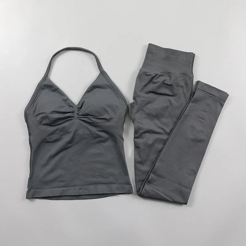 Yoga Longline Strappy Top Leggings Set Women's Backless Camisole Built-In bra Vest High-Waisted Hip Lift Gym Shorts Sports Set