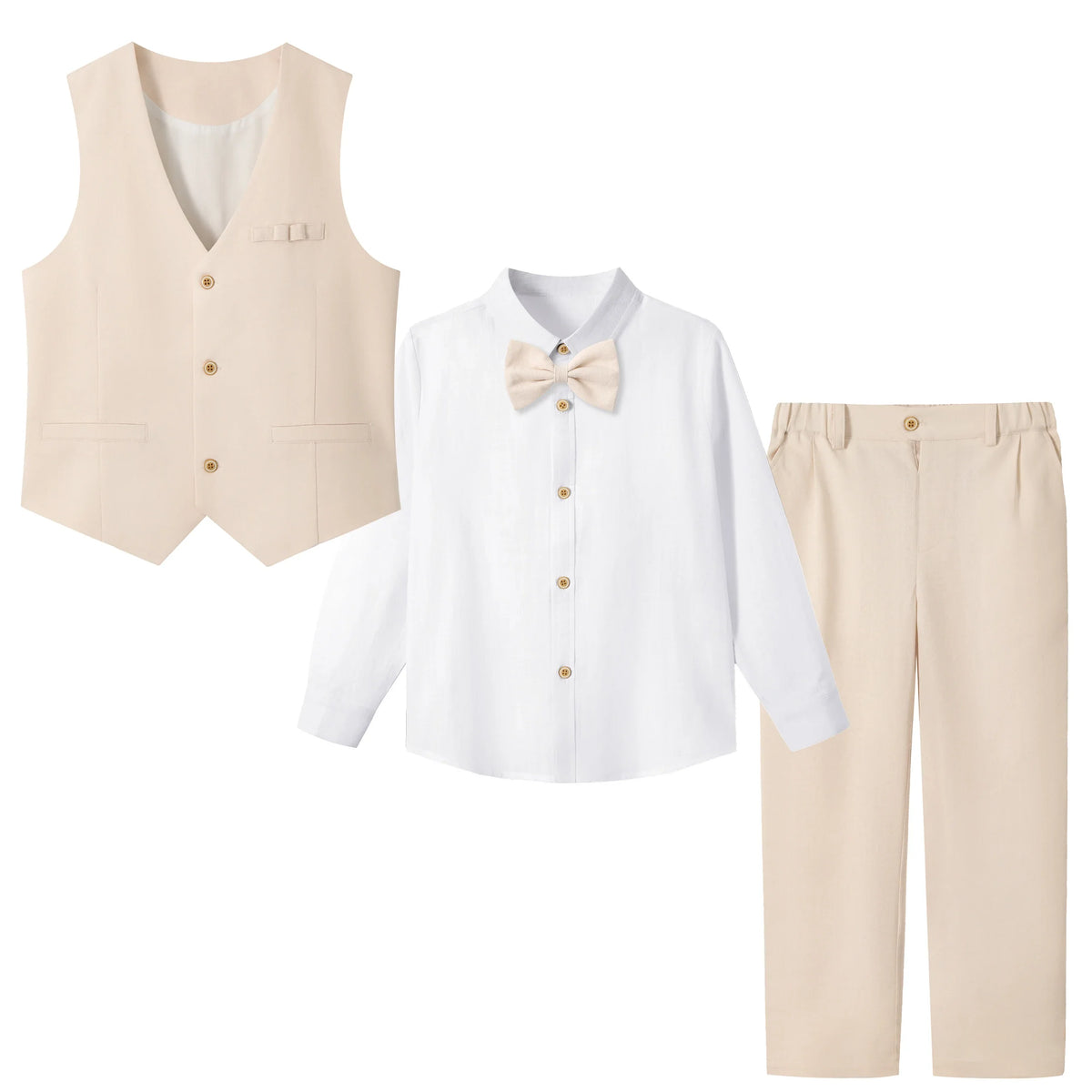 4Pcs Boys Linen Suit Dress Clothes Kids Graduation Wedding Outfit Shirt Vest Pants Set with Bow Tie 5-12 Years