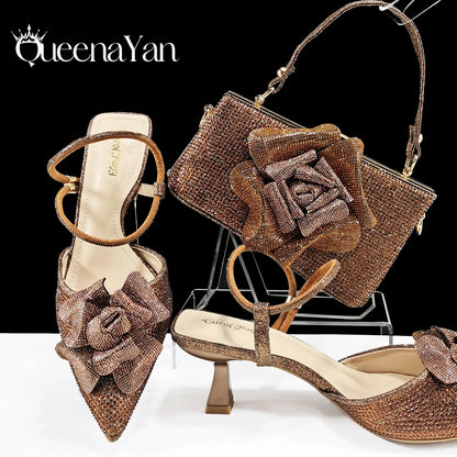 2025 Large Flower Design Shoes & Bag Nigerian Coffee Color Women's Stiletto Shoes For Special Good Time INS Style