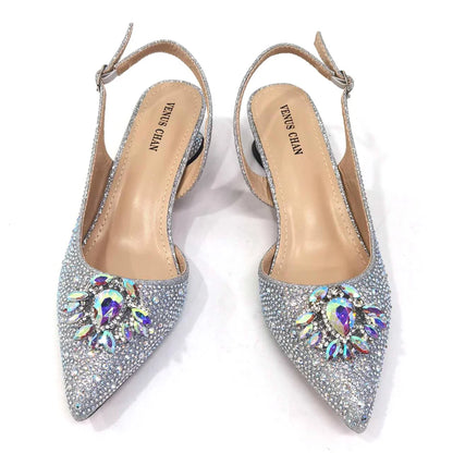 Royal Blue Sandals for Women 2024 Luxury Wedding Pumps Med Heels Rhinestone Design Party Shoes and Bags Set