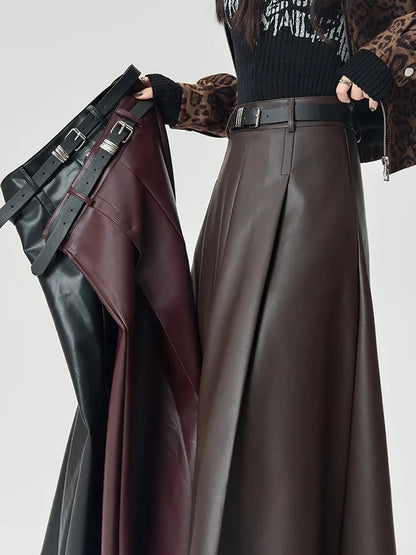 Vintage PU leather women midi skirts Y2K Autumn high waist Streetwear with belt pleated Skirt female elegant Solid A line skirts