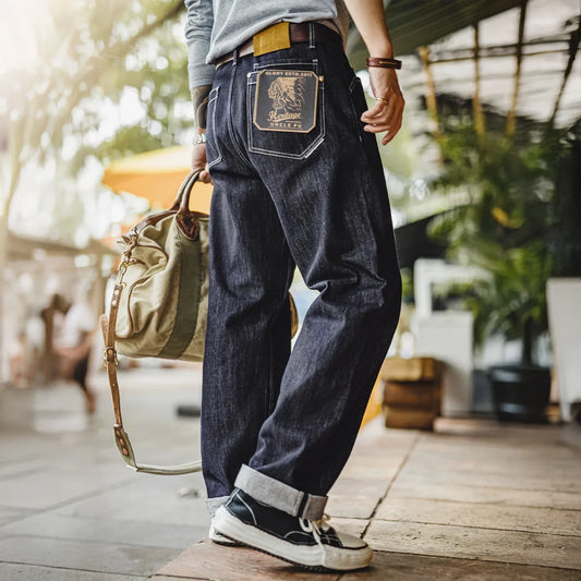 Vintage 12oz One-Washed Denim Jeans for Men Straight Wide Leg Trousers Loose Fit Zip Fly Casual Pants for Fall Winter
