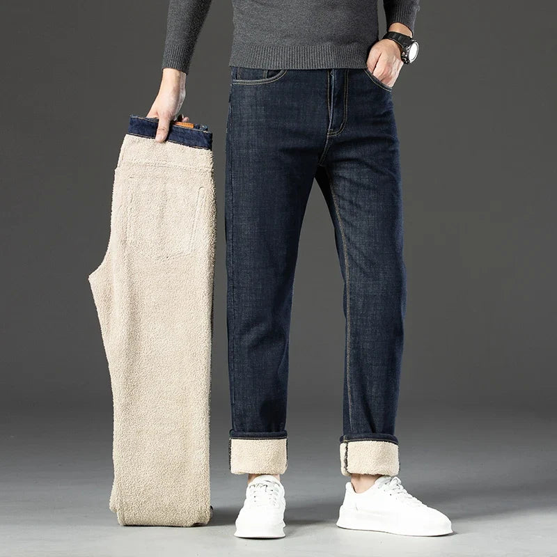 Winter Warm Fleece Jeans Men 2025 Straight Stretch Thick Casual Thermal Denim Pants Male Business Work Trousers New Men Clothing