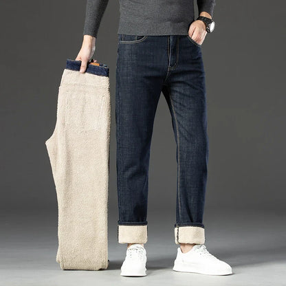 Winter Warm Fleece Jeans Men 2025 Straight Stretch Thick Casual Thermal Denim Pants Male Business Work Trousers New Men Clothing