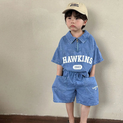 Summer Baby Girls Boys Cotton Alphabet Half Zip Denim T-Shirt Tops+Shorts Pant School Kids Tracksuit Child 2PCS Outfit 1-12Years